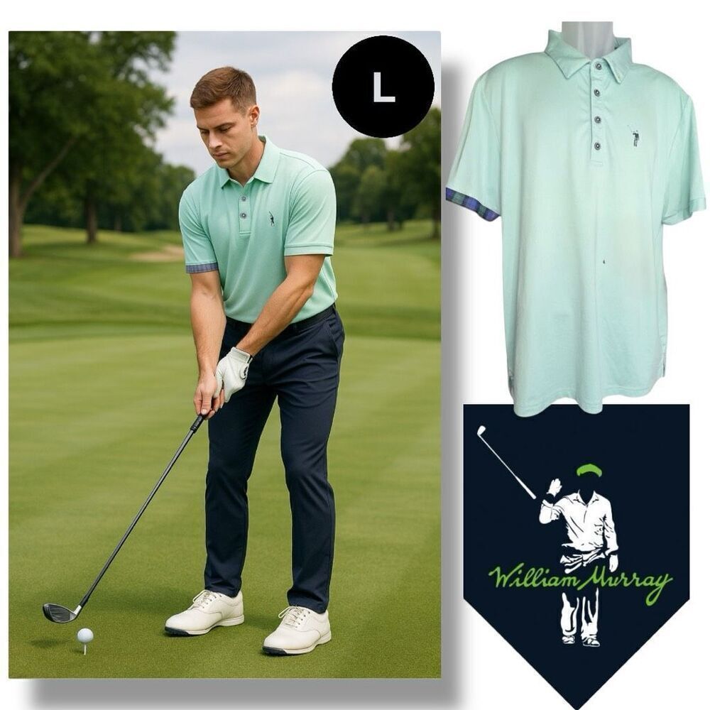 William Murray Men's Plaid Golf Wicking Performance Polo Shirt Green Size Large